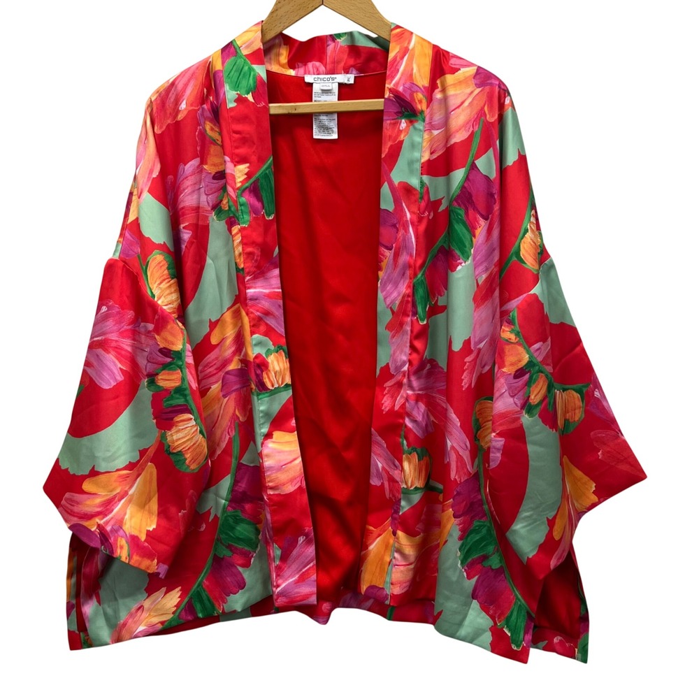 Chico's Kimono Jacket Women L/XL Red Tropical Floral Open Front 3/4 Sleeve Lined